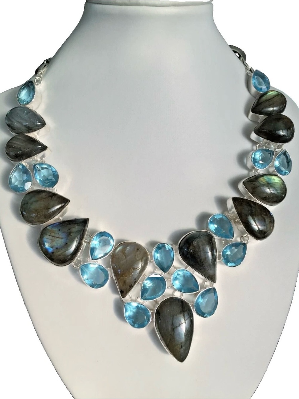 Sterling Silver Natural Labradorite & Blue Topaz Teardrop Statement Necklace
